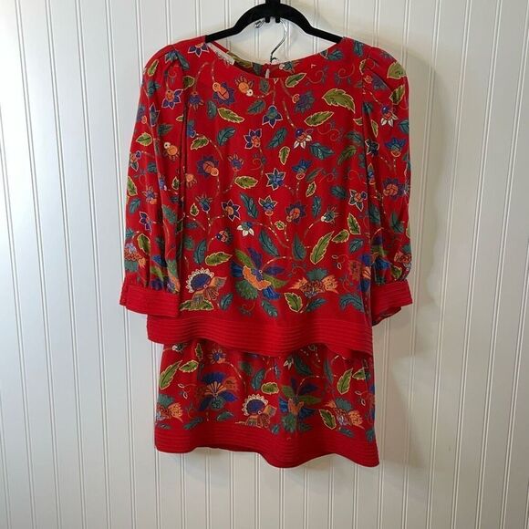 VTG 80’s Diane Dickinson Dress Women Medium Red Floral Crimson Garden Pheasant